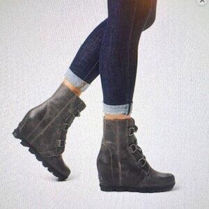 Sorel Women's Joan of Arc Wedge II Leather Gray Boots Quarry Size 10.5 NEW